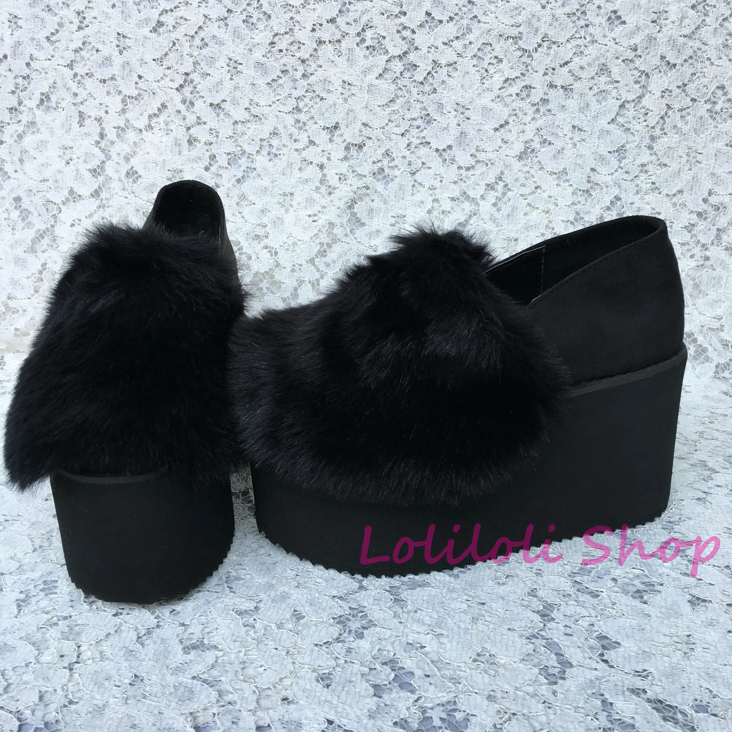 

Princess sweet lolita shoes Lolilloliyoyo antaina Japanese design thick bottom black flock imitation rabbit fur flat shoes 5125n