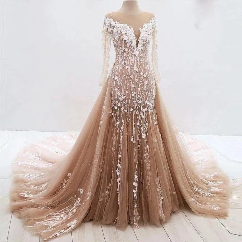 Женское свадебное платье с юбкой годе цвета шампанского со съемным шлейфом и