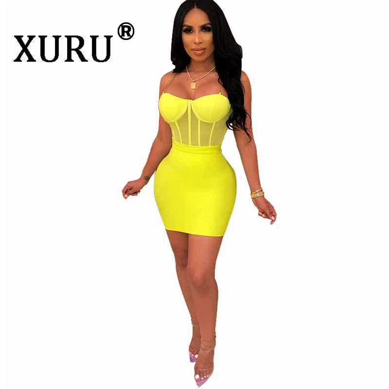 

XURU summer new women's mesh dress two-piece casual sexy strap dress suit
