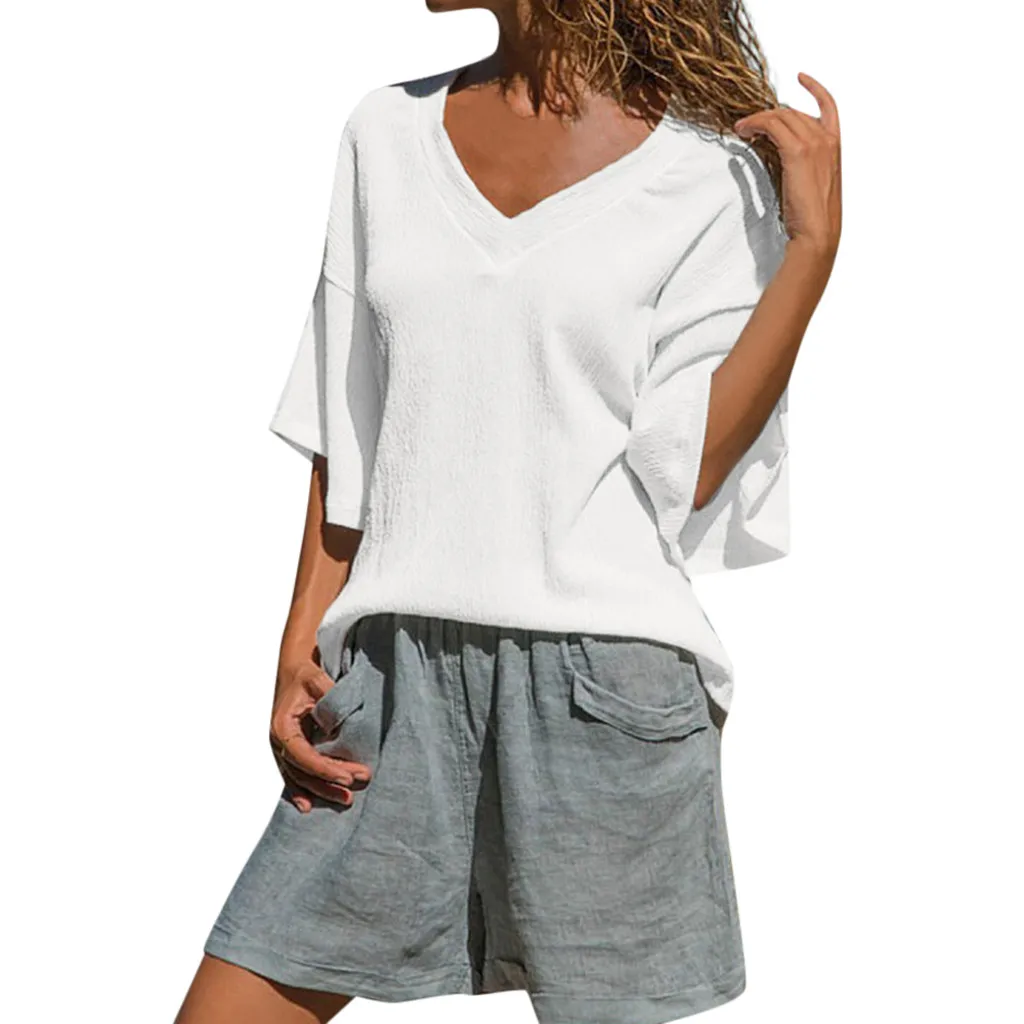 SAGACE 2019 женская футболка летняя Boho повседневная одноцветная v образный вырез