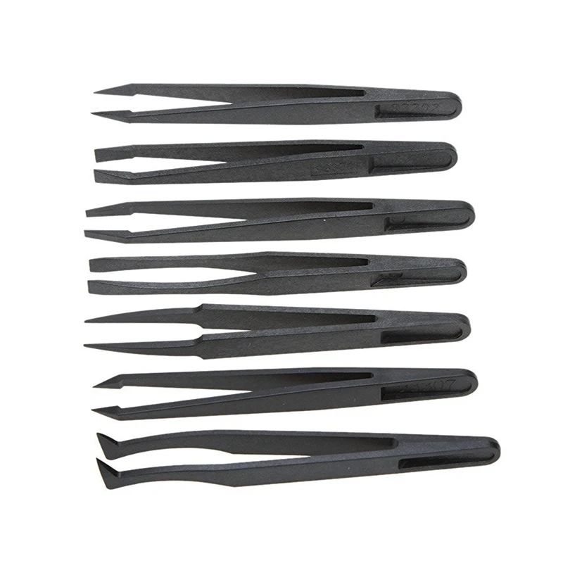 SHGO HOT-7pcs Black Plastic Antistatic Flat Bottomed Top End Tweezers Hand Tools Set | Инструменты