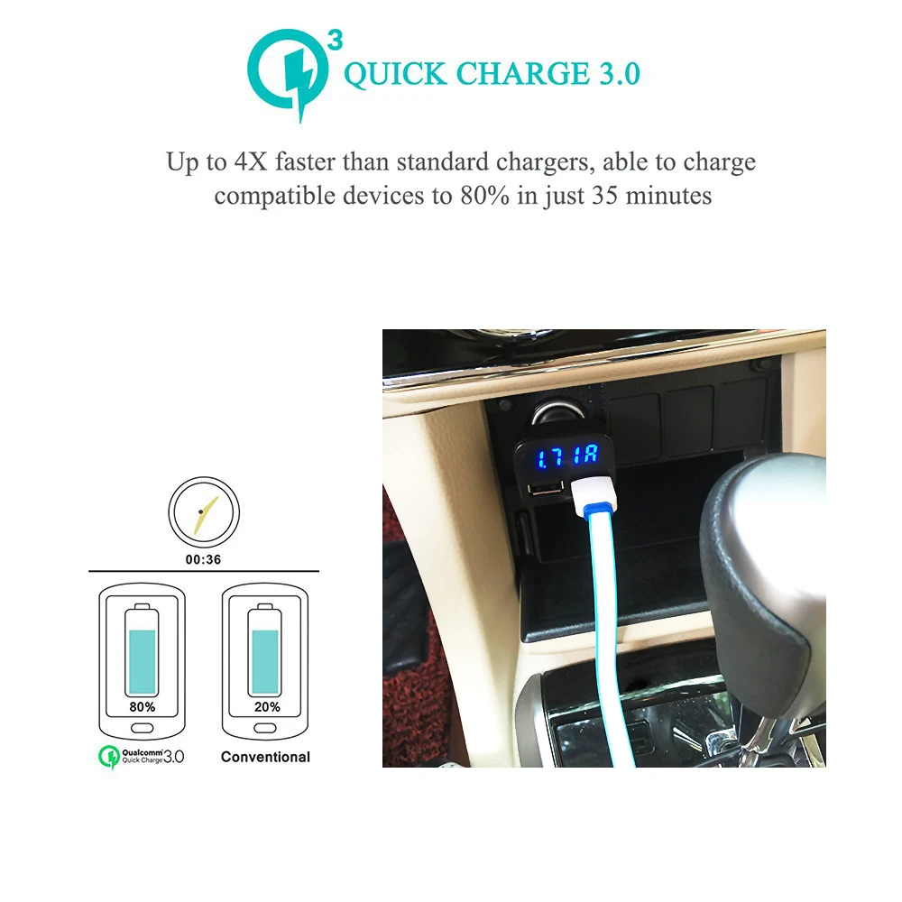 Автомобильное зарядное устройство VIKEFON Quick Charge 3 0 Dual USB со светодиодным дисплеем