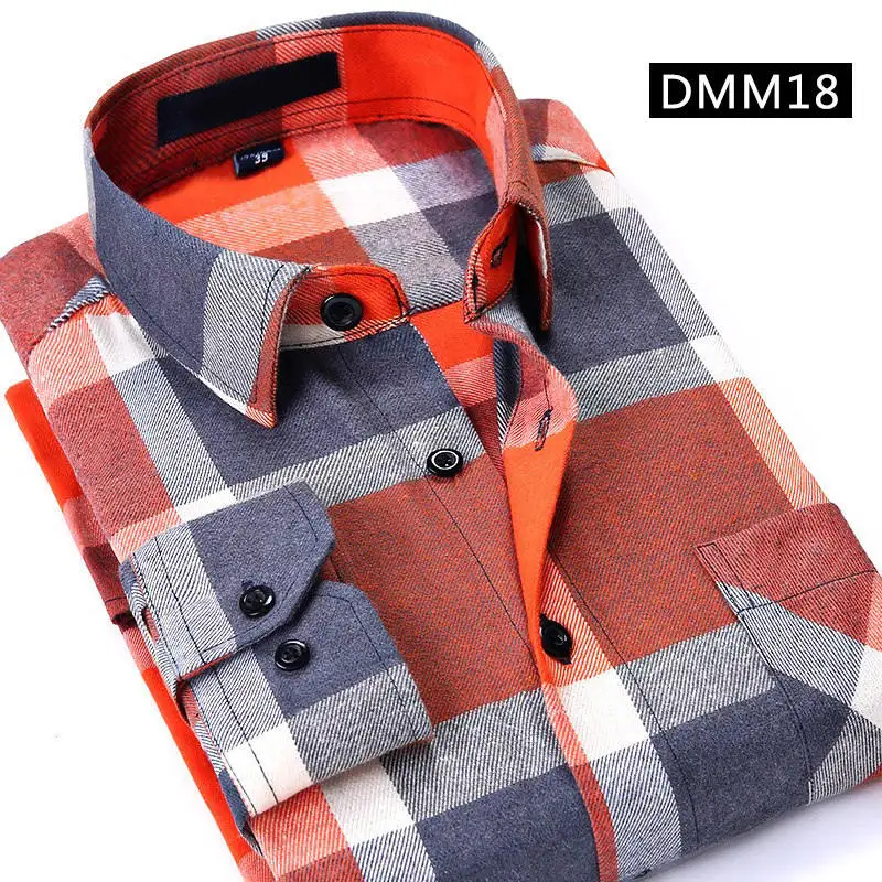 DMM18 Повседневная мужская рубашка в клетку, фланелевая рубашка на весну и осень, мужские нарядные рубашки, Модная приталенная рубашка с длинным рукавом, мужская хлопковая рубашка - Color: DMM18