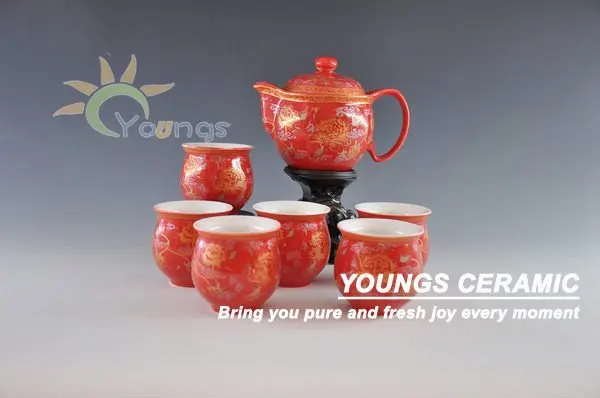 

7 pcs set chinese red color glazed ceramic teaware set