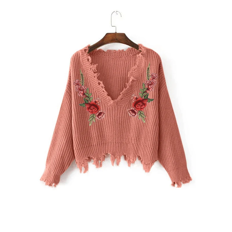 AECU Sweater Female Women's Embroidery Decal Loose Long Sleeve V-Neck Ripped Pullover Tassels Knitted Pull Femme Hiver | Женская