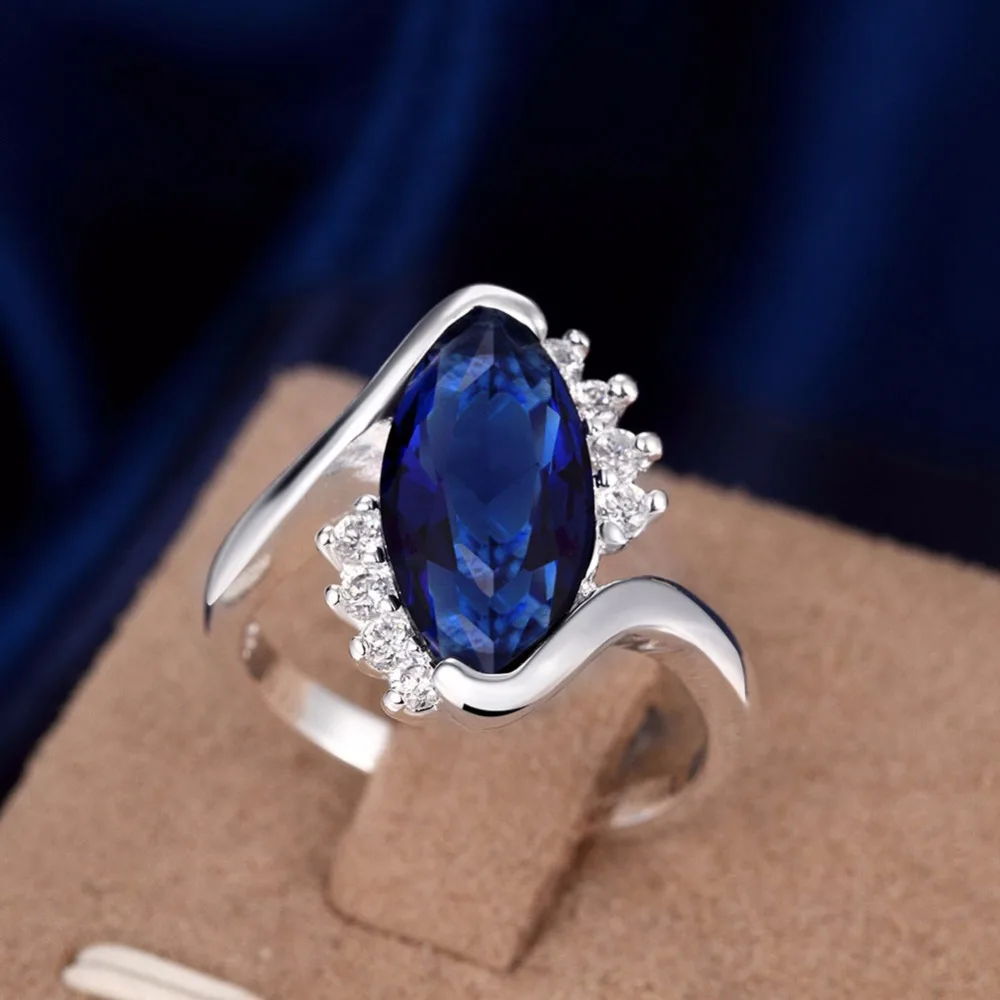Кольцо с большим камнем синее циркониевое ювелирное изделие кристаллом