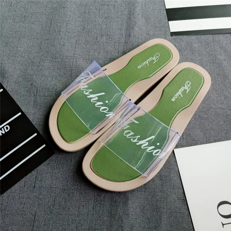 Прозрачные женские шлепанцы Летние Обувь на плоской подошве с надписями