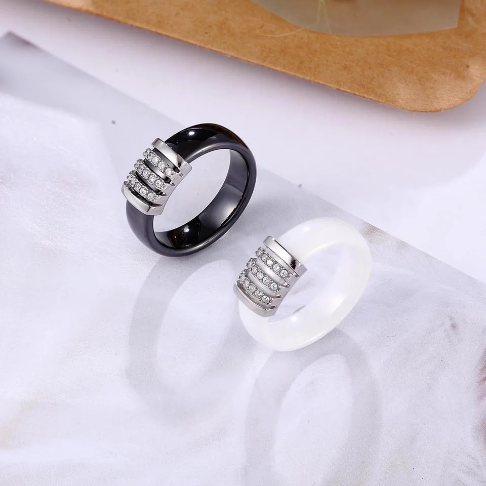 Женское кольцо черное белое керамическое с кристаллами 6 мм|Обручальные кольца| |