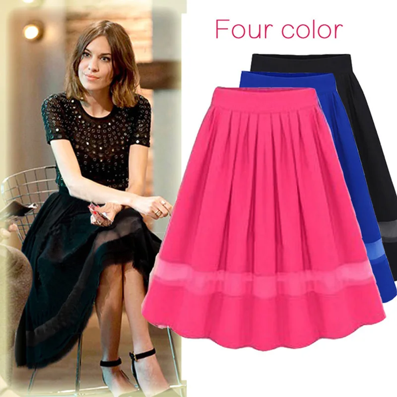 

High Waist Pleated Skirts 2017 Women Chiffon Tulle Midi Knee Length Skirts Fashion Summer Black Casual Skirts faldas saia