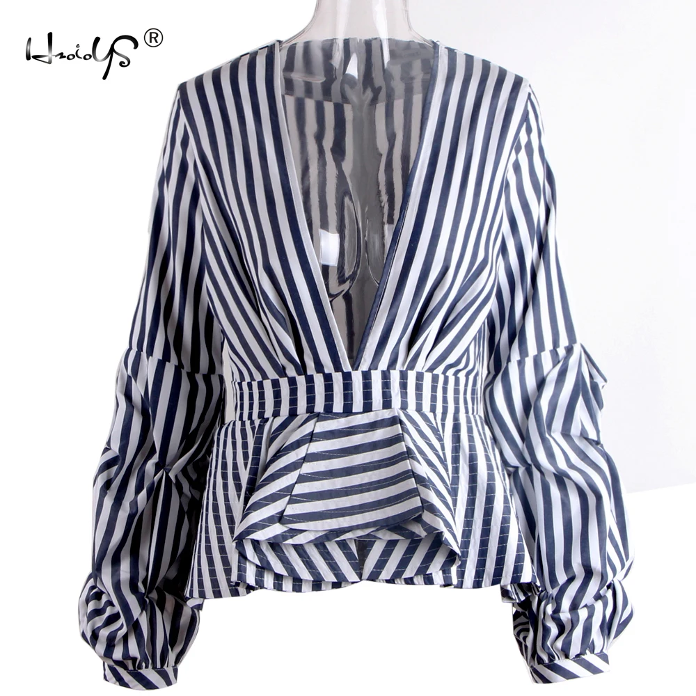 Женская Сексуальная Блузка с глубоким v образным вырезом сине белая полосатая