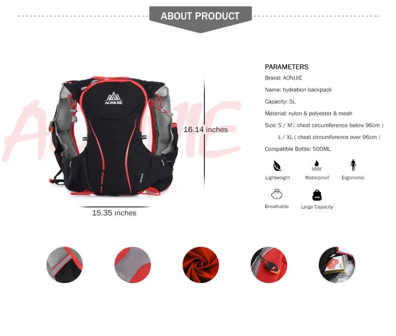AONIJIE 5L Running Backpack Outdoor Hydration Bag Sport Backpack Super Light Water Bag Running Vest For Cycling Climbing Camping
