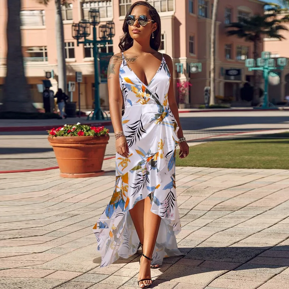 Women Spaghetti Strap Bohemian Dress Deep V-Neck Floral Print Ruffles Maxi Party Sleeveless Mermaid Dresses | Женская одежда