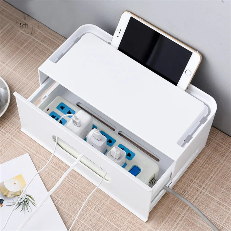 

Plastic Cable Tidy Storage Box Cable Management Box Drawer Cord Organizer Box Power Strip Cover with Phone Tablet Holder Stand