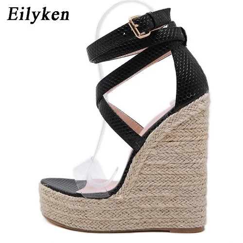 Black Eilyken/Новинка года; сезон лето; босоножки на танкетке с ремешком на щиколотке под змеиную кожу; модные повседневные женские Босоножки с открытым носком и пряжкой - Цвет: Black