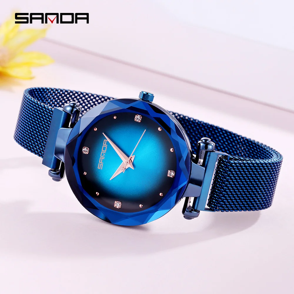 SANDA женские часы модные кварцевые наручные роскошные сетчатые Стальные