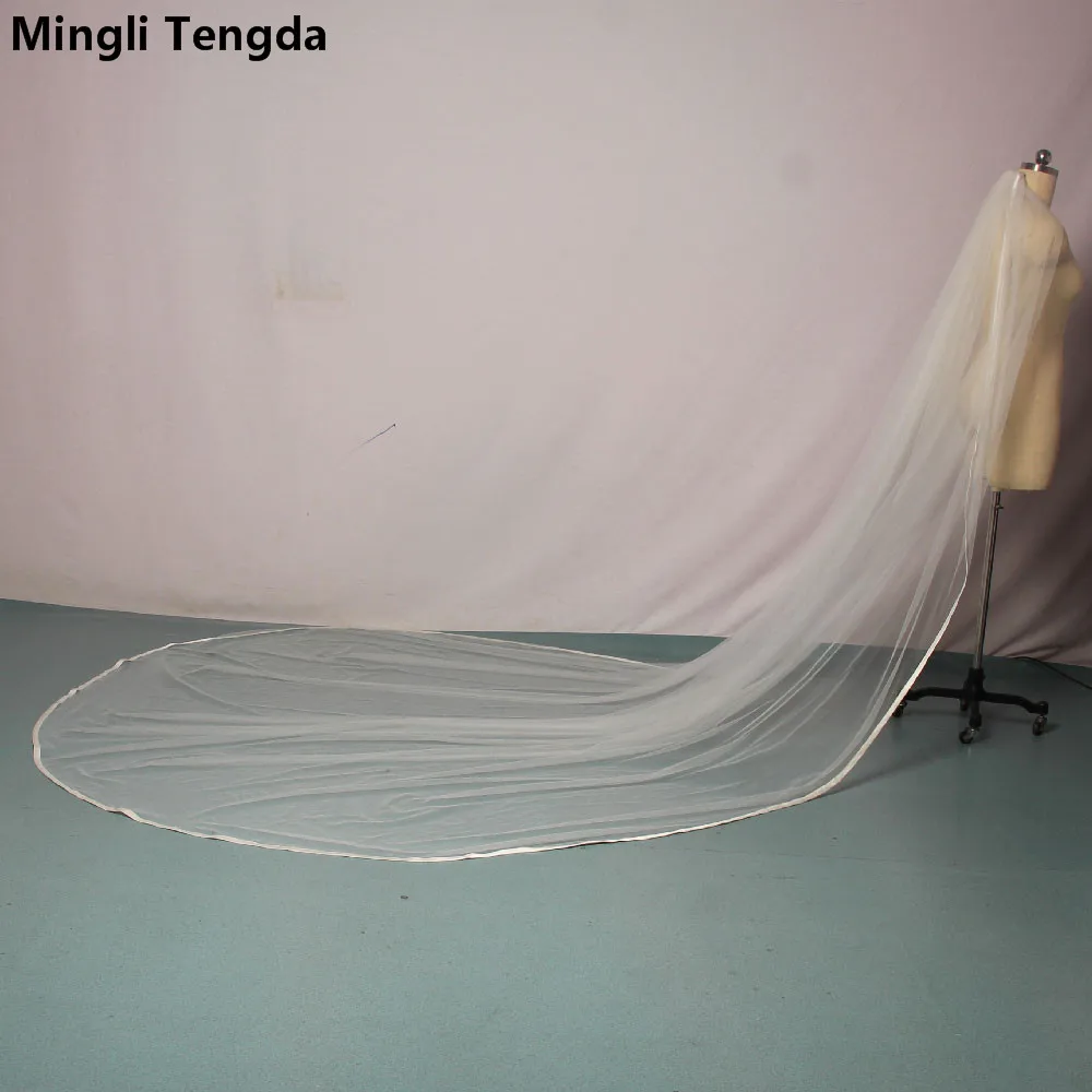 Mingli tengda длинная бежевая с ленточным краем для свадьбы вуаль собора расческой
