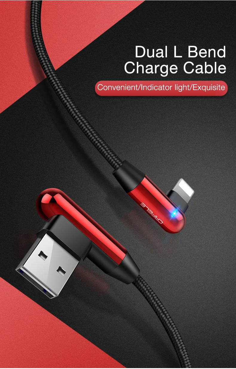 CAFELE светодиодный светильник L изгиб зарядки USB кабель для iPhone X Xr XS Max 8 7 6s Plus 5S 5c ipad локоть зарядки Кабели для IOS 12 11 10