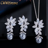 cwwzircons chic gorgeous cubic zirconia flower silver color fashion gray pearl necklace earrings jewelry sets for women t346