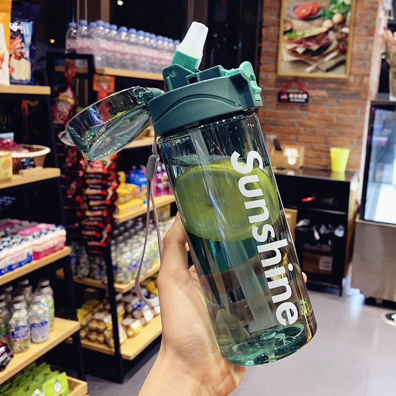 Large green SunShine Спортивная бутылка для воды с соломинкой и ремешком ручки для переноски Пластиковые BPA бесплатно для велоспорта путешествия тренажерный зал Туризм фитнес 500 мл - Цвет: Large green
