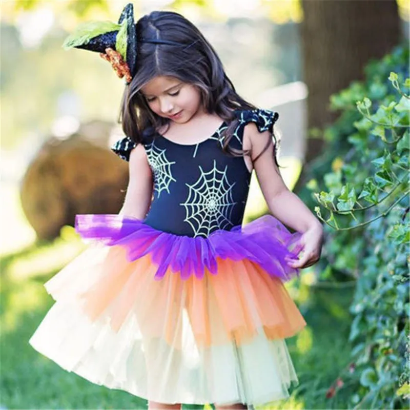 Pop Tollder Kid Baby Girls Spider Wed Print Multicolored Halloween Tulle Tutu Ball Gown Dress Child Suits 1-6T | Детская одежда и