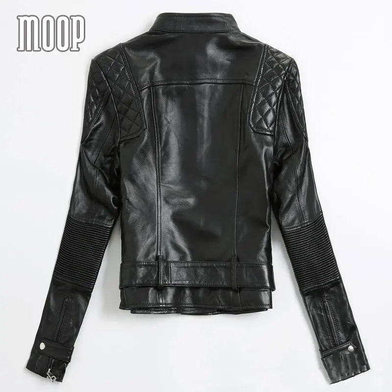 Черный Натуральная кожа Куртки женщин ягненка Moto куртка с поясом jaqueta de couro Chaqueta
