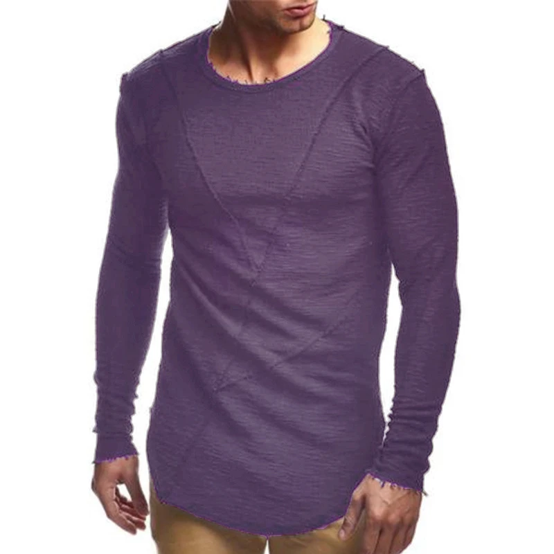 Purple Comfortable Extend HipHop Men T Shirt Long Sleeve Basic Solid O-Neck Patchwork Loose Gyms Muscle Shirts Tee Male Clothing - Цвет: Purple