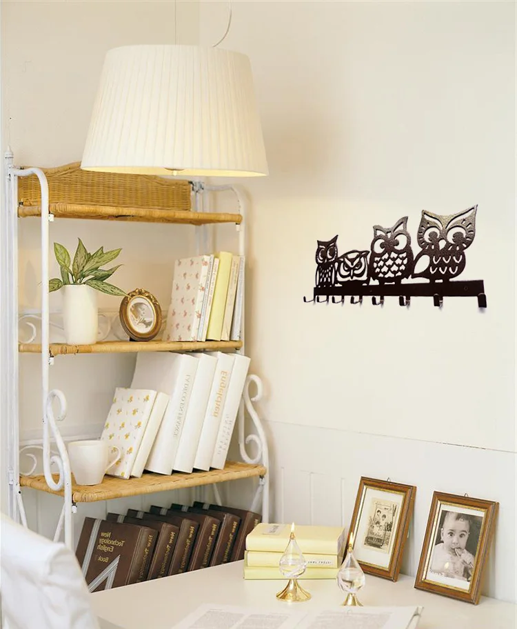 

Four owl iron towel hanging hook key creative black brown wall decoration