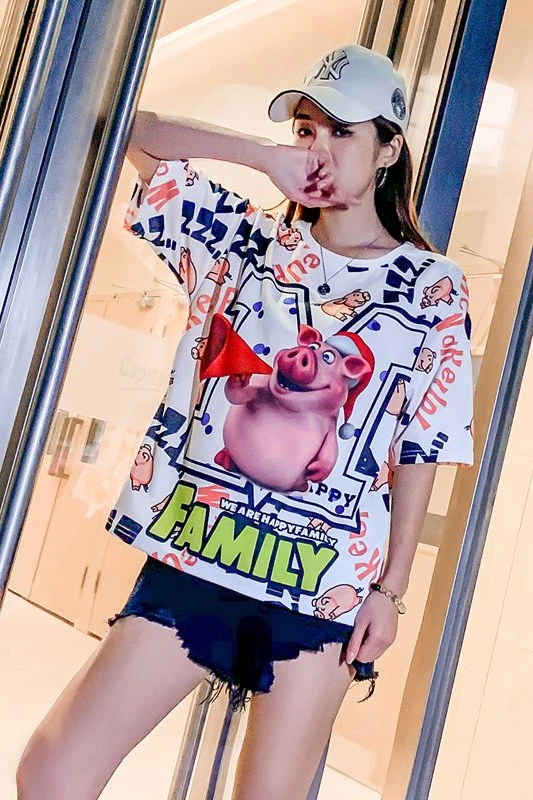 

Thailand Tide brand loose short-sleeved printed T-shirt female wild personality cartoon pig round neck half-sleeved shirt
