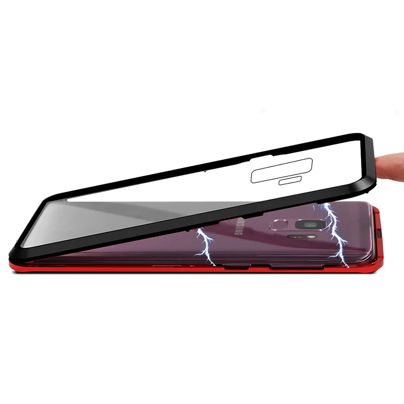 Suntaiho магнит металлический бампер для samsung Galaxy s9 s8 note9 Магнитный Адсорбция дело для samsung Galaxy S8 S9 закаленное Стекло сзади - Цвет: black red