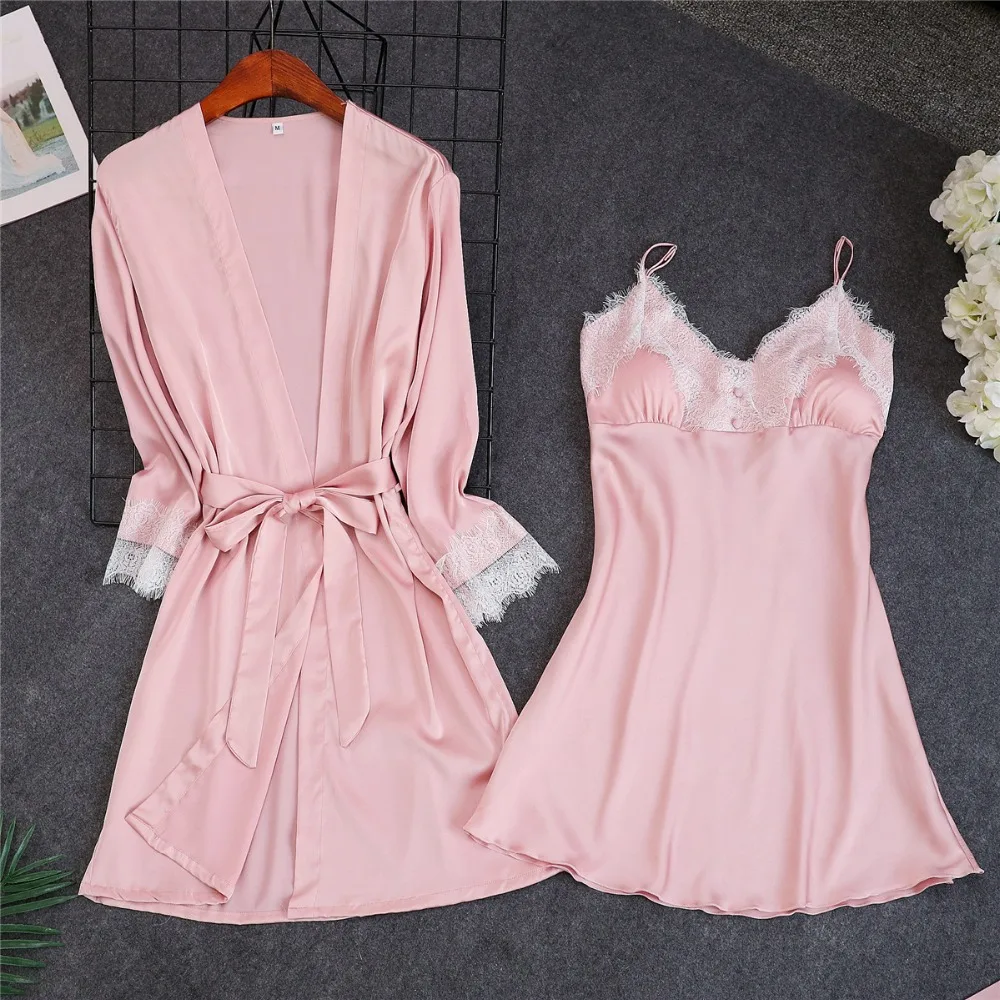 

Summer Style Women's Robe & Gown Set Free Shipping 2019 Size M L XL Bathrobe + Nightdress Two Pieces Satin Sleepwear Hot
