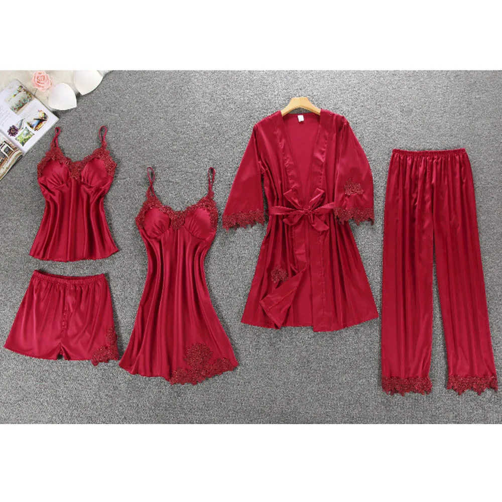 5 шт./компл. Для женщин женская сексуальная сатиновая Ночная сорочка шелковое