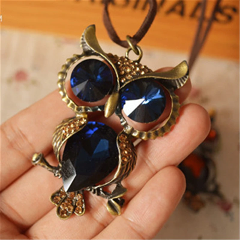 8SEASONS Fashion Jewelry Vintage Bronze Color Owl Created Gem Stone Blue Dark Brown Pendants Leather Rope Chain Necklace 1 Pc | Украшения и