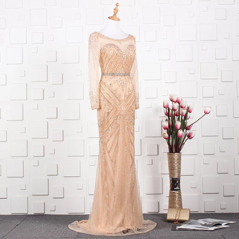 JANCEMBER vestido de gala украшенный бусинами и кристаллами длинный рукав иллюзия круглый
