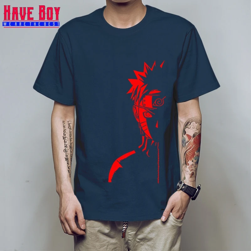 navy red HAVE BOY Мужская модная футболка брендовые летние футболки Наруто Shippuden Red Sun аниме полосатая мужская футболка хлопок топ тройники HB196 - Цвет: navy red
