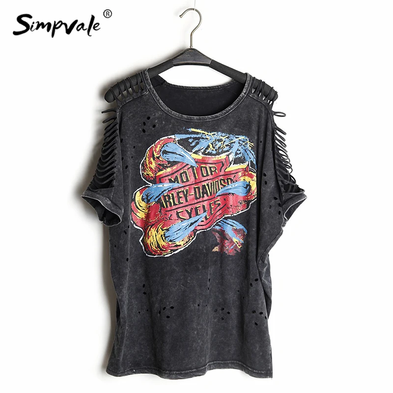 Women Punk Rock T-shirt Graffiti Print Vintage Hollow Out Batwing Sleeve Washed Tees Hip Hop Plus Size Tops | Женская одежда