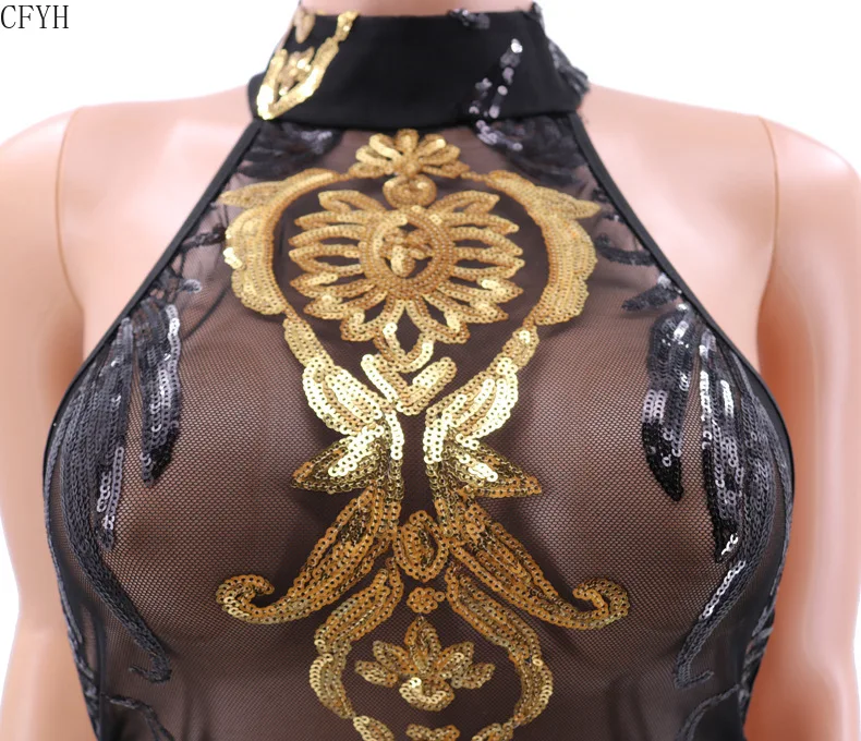 

Sexy Solid Backless Sequined Dress Women Halter Sleeveless Dress Ladies See Through Skinny Dress