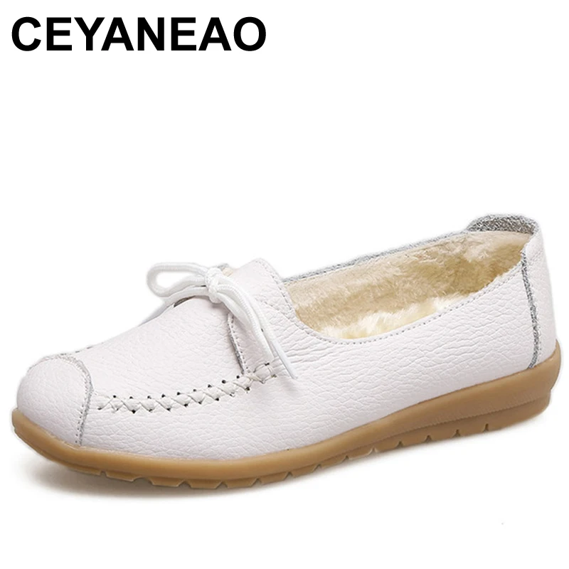 

CEYANEAO2018 Autumn Women Flats Shoes Women Genuine Leather Shoes Ladies Fur Slip On Ballet Flats Loafers Female BallerinaE863