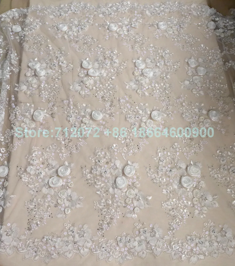 Off white 3D Роза вышитое блестящим бисером кружево ткань 129 5 см ширина по двору для