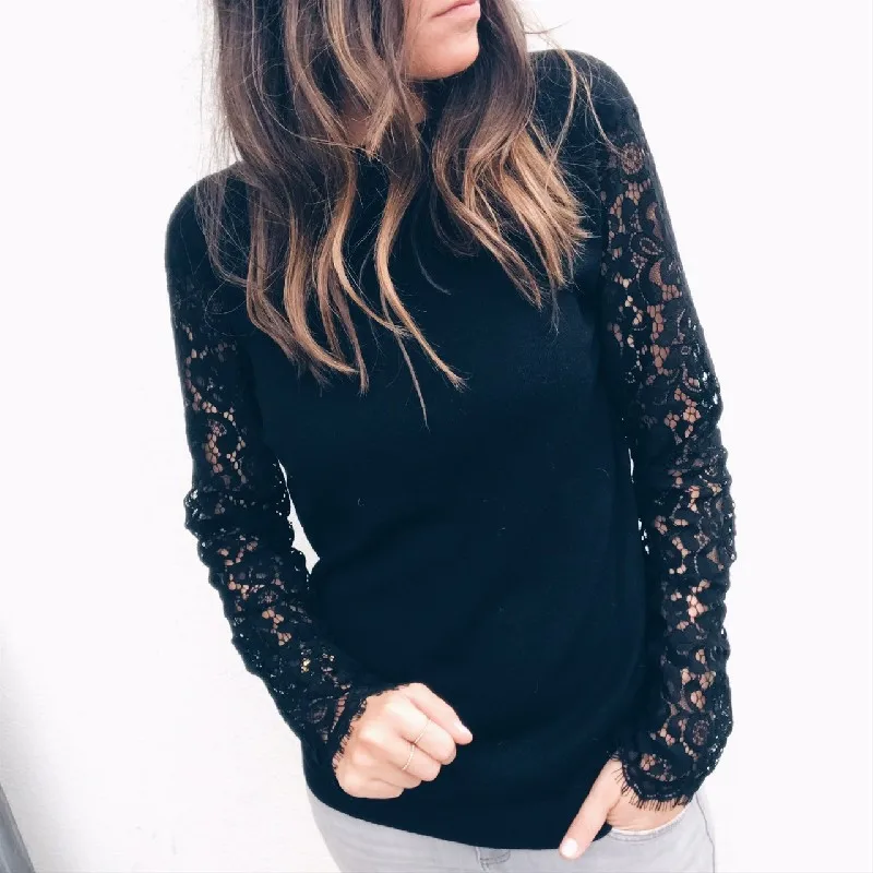

Women's Fashion Autumn Long Sleeve Blouse Elegant Women Loose Casual Tops Shirt 2018 New Lace Sleeve V-neck Solid Color Blouse