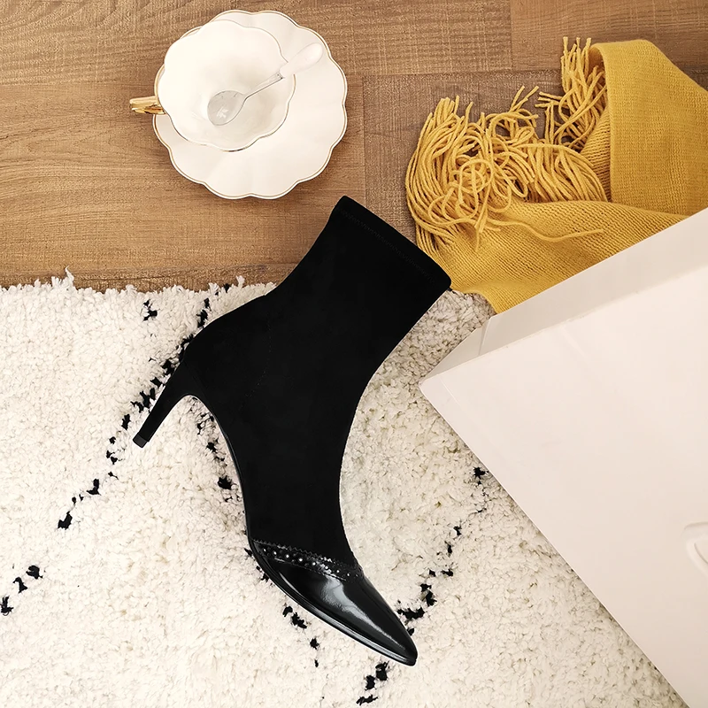 ISNOM Stretch Sock Boots Women Ankle Boots Pointed Toe Cow Leather Shoes Female Short Party High Heels Shoes Ladies Autumn