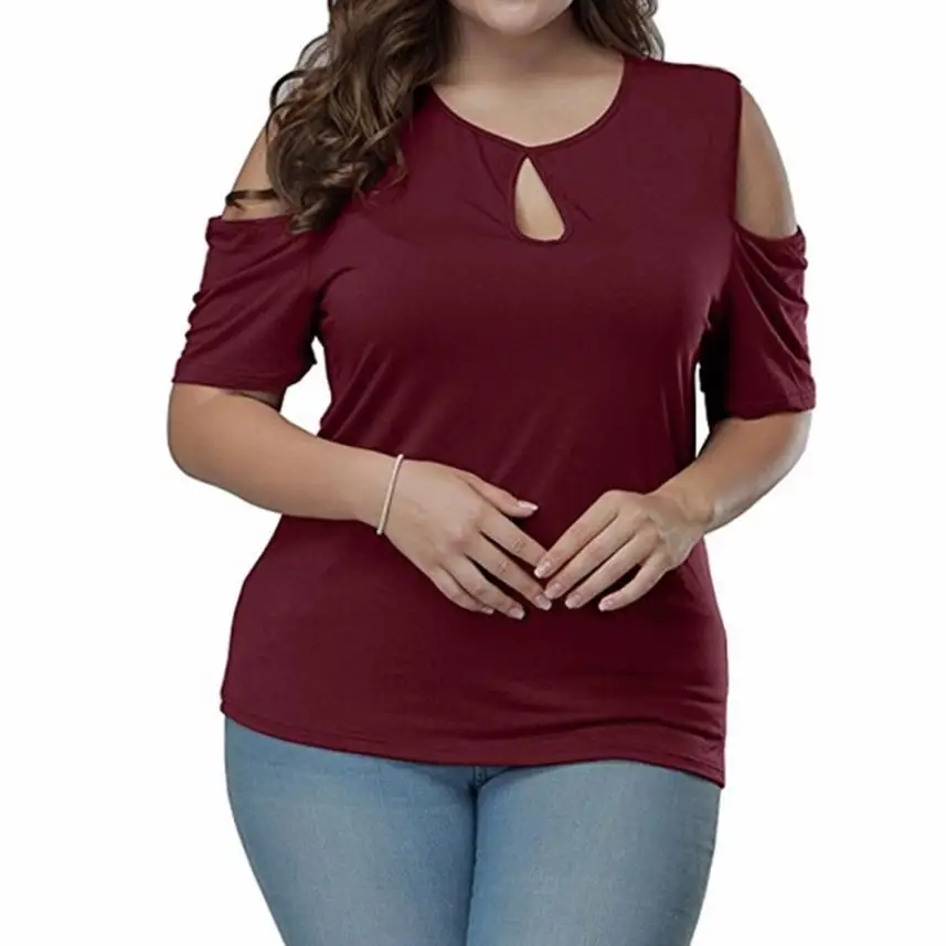 Wine Red Женские топы и блузки размера плюс 5XL, винтажные топы с открытыми плечами и круглым вырезом, футболка с коротким рукавом, одежда с вырезами, Camisa Feminina - Цвет: Wine Red