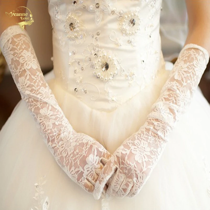 Дешевые 2018 Новое поступление Свадебные перчатки длинный с кружевом палец белый