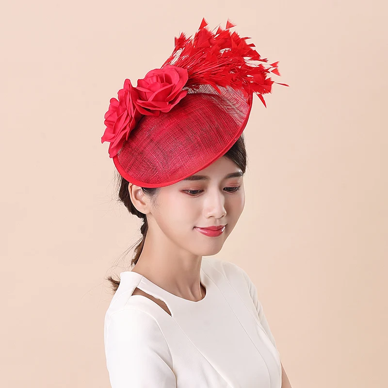 Модная британская королевская шляпка Fedoras Кепка с перьями Sinamay женская свадебная