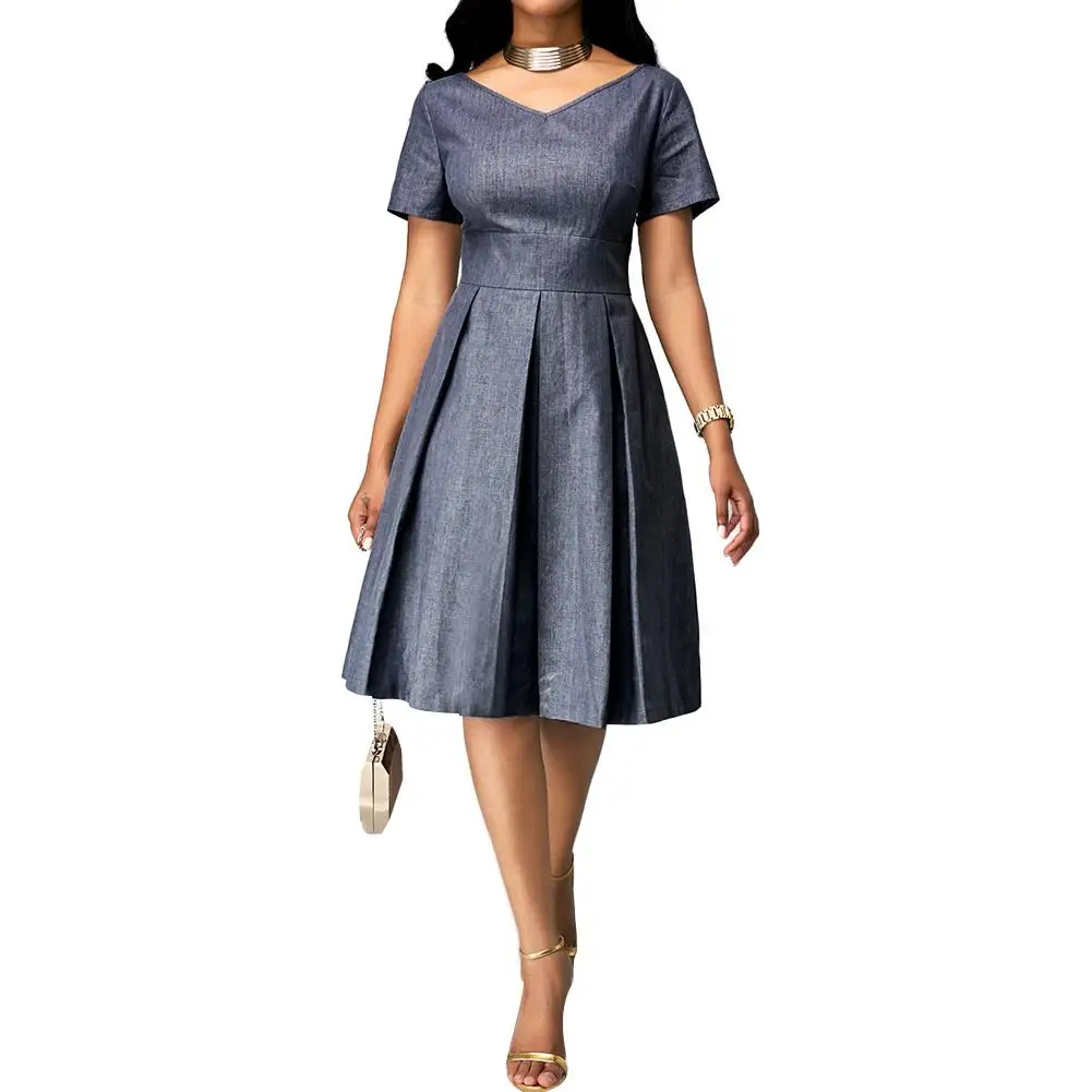 

Party Plus Size Women Solid Color V Neck Short Sleeve Slim High Waist Midi Dress new