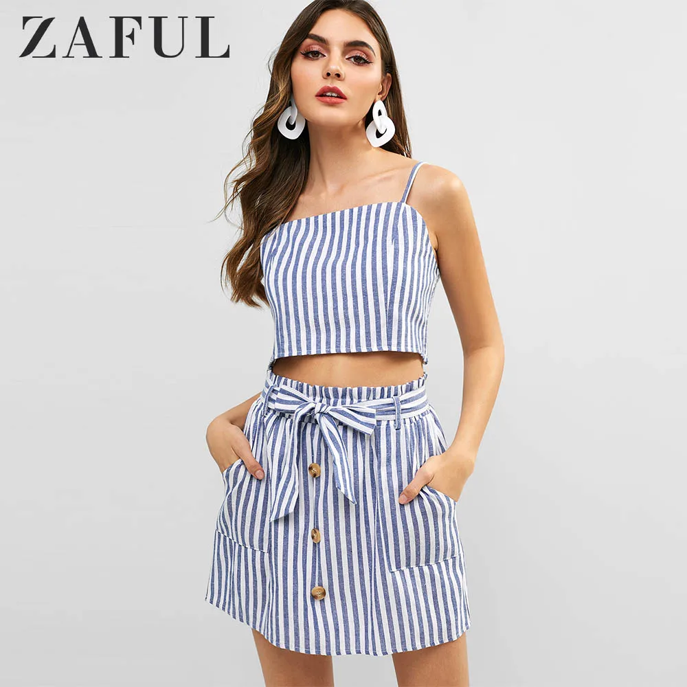 ZAFUL Полосатый топ льянной и комплект юбок с поясом A силует Бретельки Crop Top Женщины