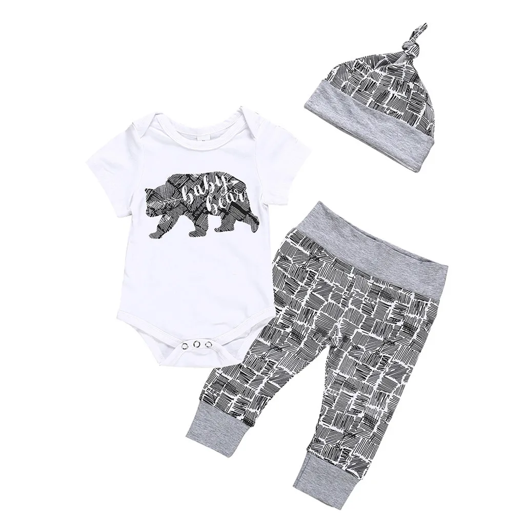 

roupa infantil Newborn Infant Baby Boy Clothes Bear Letter Romper+ Pants+Hat 3PCS Outfits Set boys clothes mickey Hot sale #06