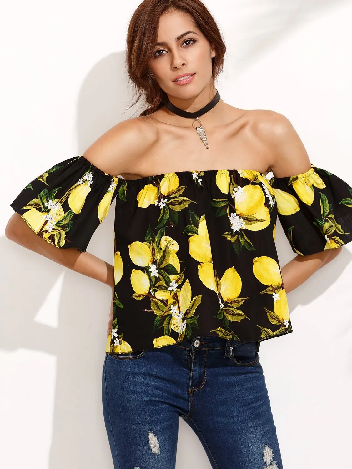 

Women's Casual Lemon Flora Print Off Shoulder Flare Sleeve Top Loose Blouse