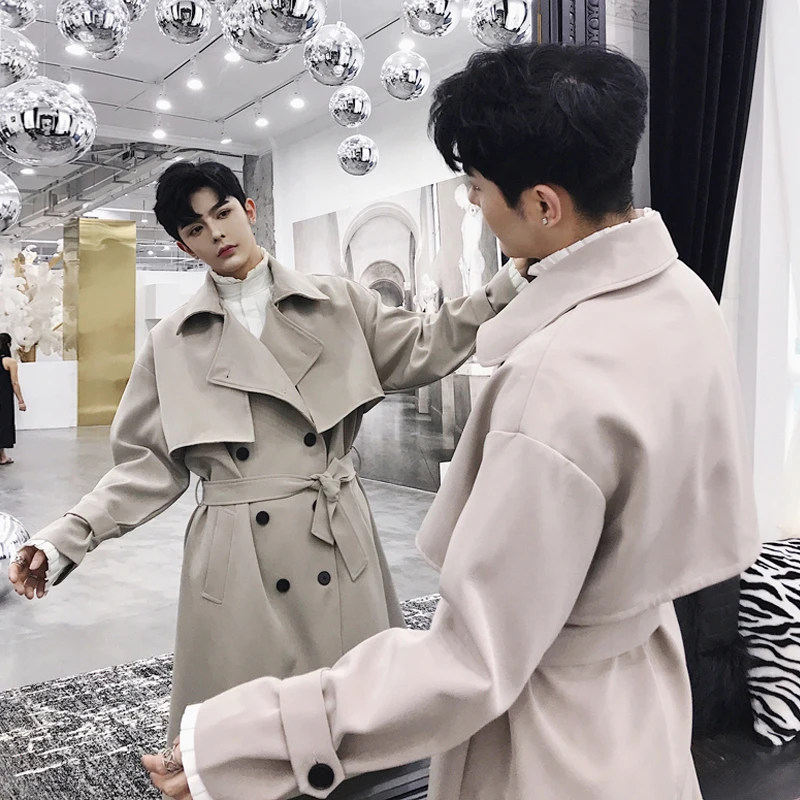 Тренчкот мужской длинный двубортный модное винтажное пальто в Корейском стиле