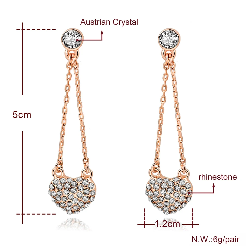 Длинные серьги с кристаллами в форме сердца розовое золото Новое поступление