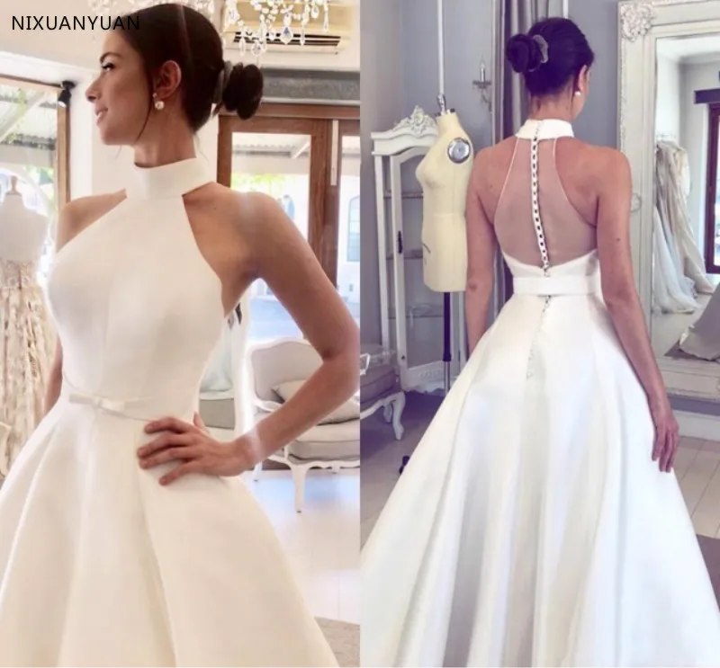 

Женское атласное свадебное платье It's yiiya, белое платье в пол с лямкой на шее на пуговицах на лето 2023